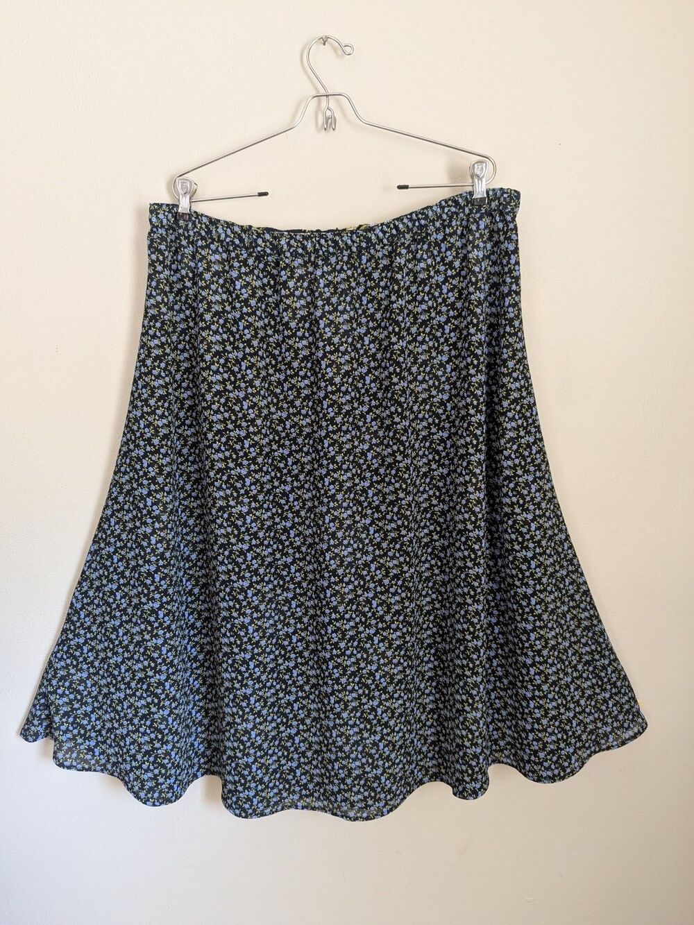 Reversible Midi Skirt Flowy Ditsy Blue Floral Pull On Stretch Waist Sz L 12 14